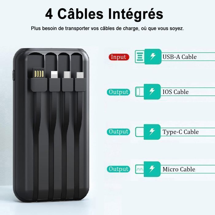 Power Bank de 20000mAh com 4 cabos integrados, carregador portátil com 5 saídas e 2 entradas, visor LED e lanterna.