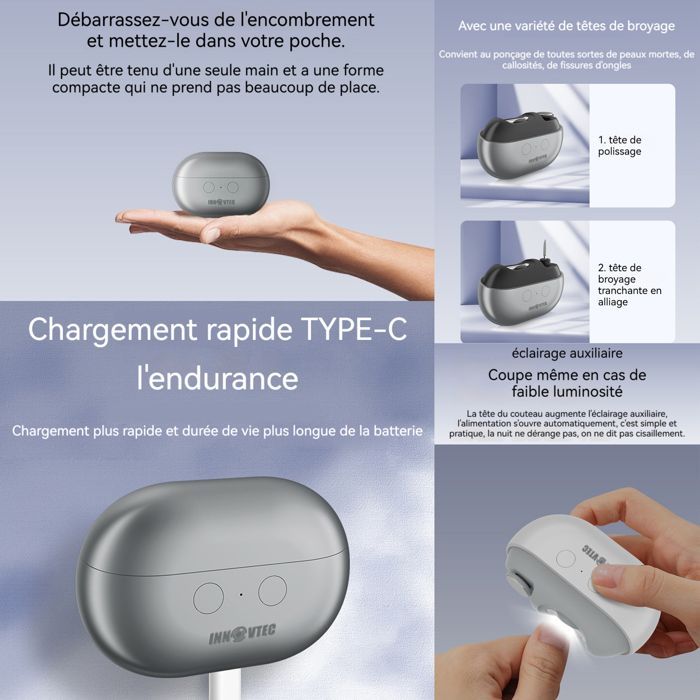Cortador de unhas elétrico - INNOVTEC - 2 em 1 com luz LED integrada - Bateria de 500mAh - Carregamento Tipo C