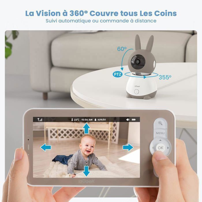 Babyphone Caméra Bébé 2K 5'' PTZ 360° | Visiophone Connecté Smartphone | Alertes Intelligentes Vision Nocturne | Carte 64Go Incluse