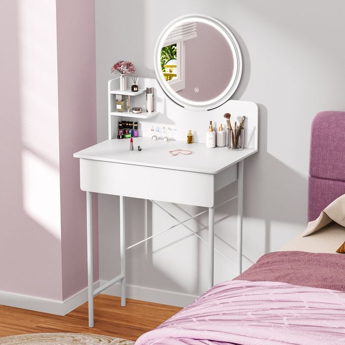 Tocador con espejo LED, mesa de maquillaje moderna blanca, 1 cajón, con 2 estantes abiertos, taburete no incluido.
