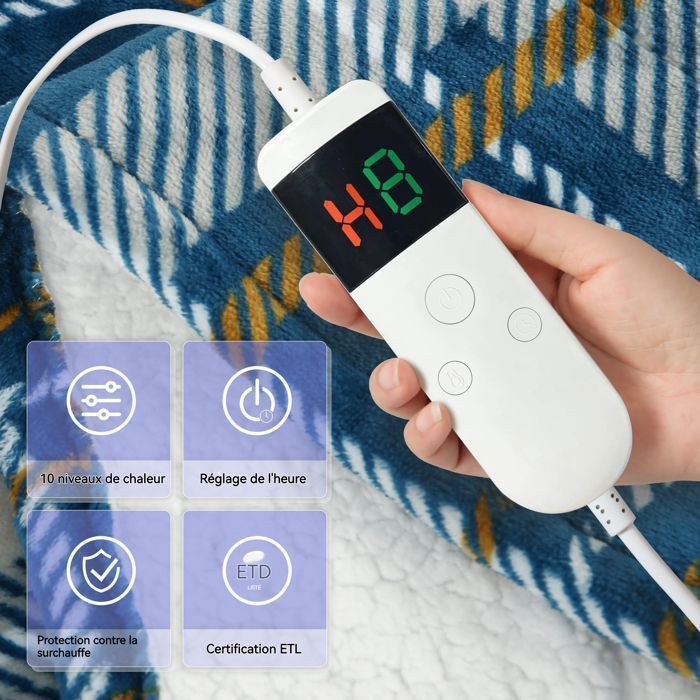 Manta elétrica aquecida de 130x185cm em flanela e veludo com 10 níveis de temperatura.