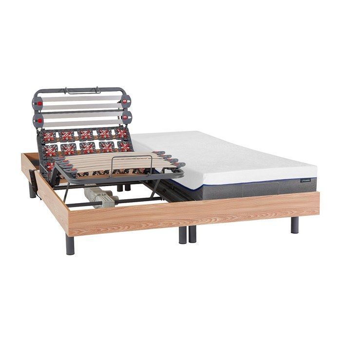 Cama eléctrica de relajación con somier de láminas y muelles + colchón de espuma viscoelástica - 2 x 90 x 200 cm - Roble - DIONYSOS de YSMÉE