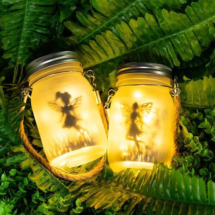 Juego de 2 faroles solares para exteriores: lámpara solar decorativa con forma de tarro de cristal para fiestas, jardines y decoración exterior (blanco cálido).