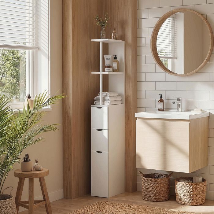 Mueble columna para baño - HOMCOM - con cajones y estantes abiertos - 15 x 33 x 136,8 cm - madera - blanco