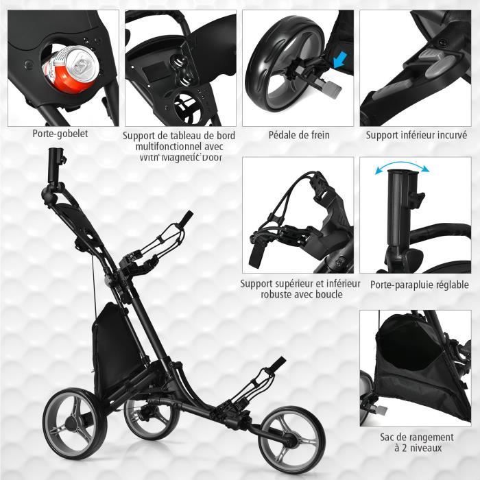 Carrito de golf plegable de 6 ruedas COSTWAY con correa elástica, soporte ajustable para paraguas y portavasos, bolsa con revestimiento de aluminio, color gris.
