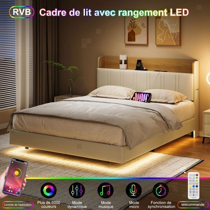 140x190 cm bed met lattenbodem - Tweepersoonsbed voor volwassenen met hoofdbord en opbergruimte - Zwevend bed met led- en usb-aansluiting - Geïntegreerd stopcontact - Wit PU