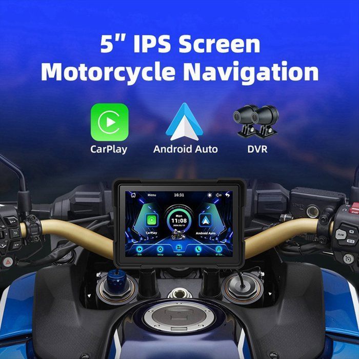 CarPlay inalámbrico para motocicletas, Android Auto, pantalla de 5 pulgadas, navegación GPS, resistente al agua, Bluetooth dual, grabadora de doble cámara.