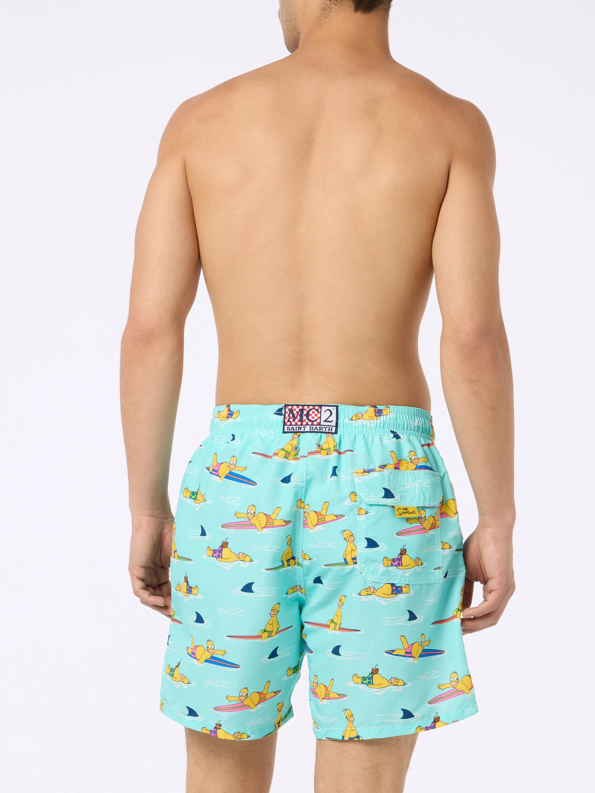 Heren Gustavia Mid-Length Zwembroek | Homer Simpson Speciale Surfer All Over Print | Watergroene Achterkant | Elastische Tailleband | MC2 Saint Barth