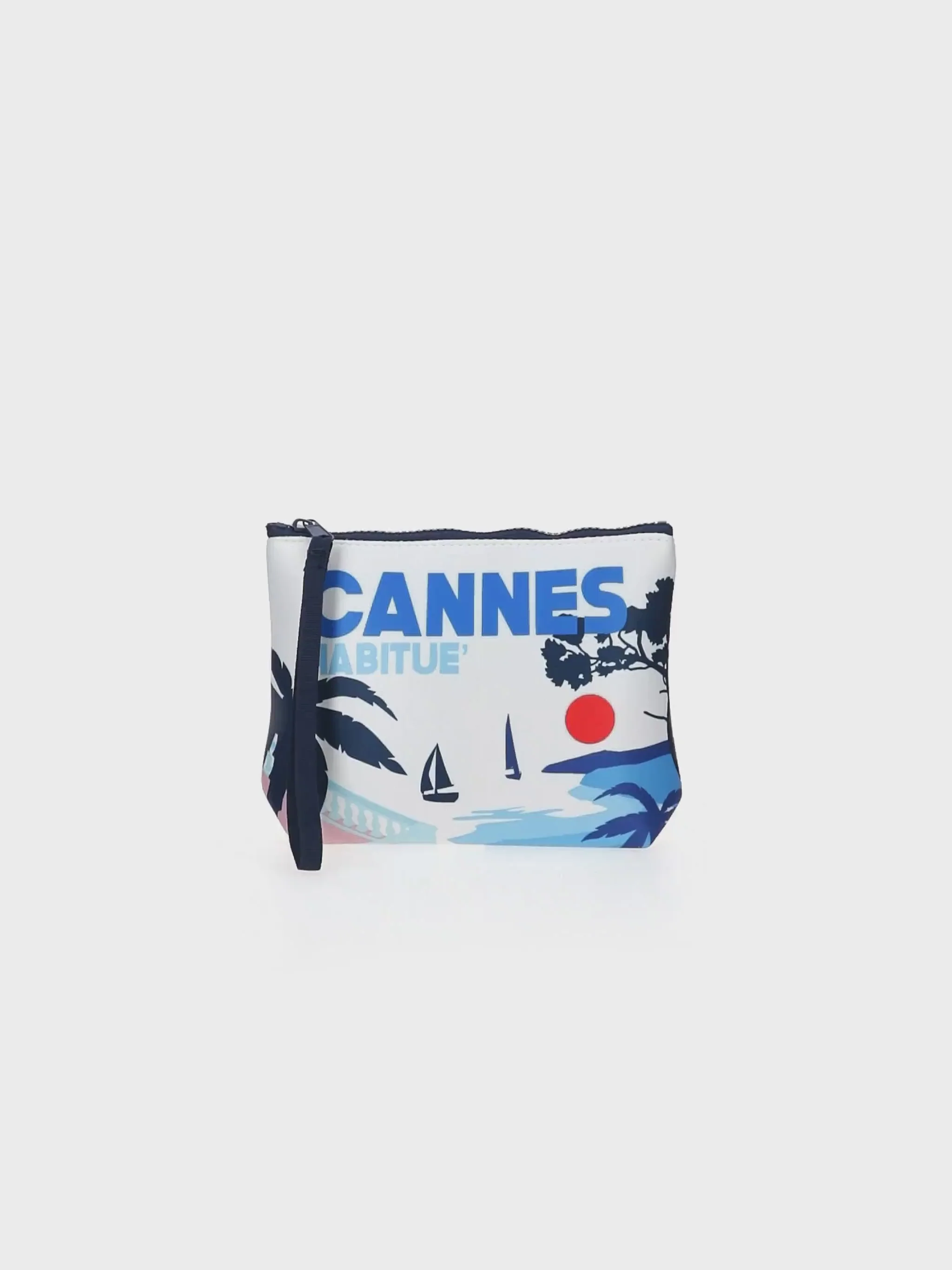 Aline scuba clutch tas met print van een ansichtkaart van Cannes