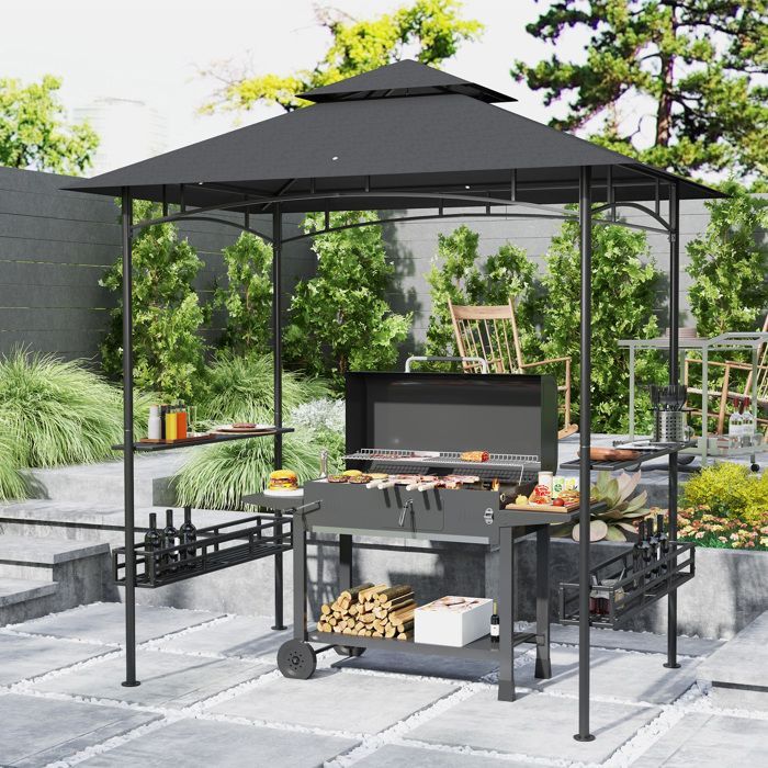 Grillpavillon – Outsunny – Deckenhaken – Regale und Körbe – verzinktes Metall, 240 x 150 x 257 cm – dunkelgrau