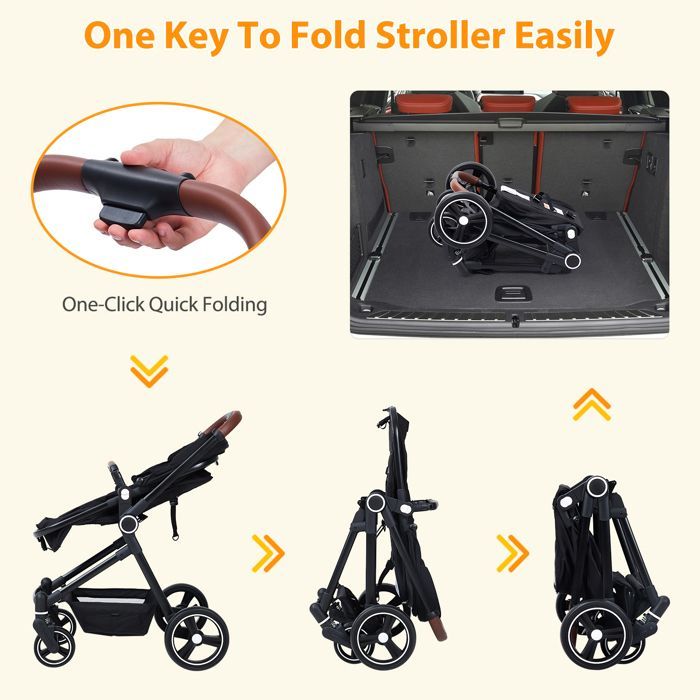 Poussette Combinée 3 en 1 Avec Siège Auto, Poussette Pliable de Voyage, Harnais de Sécurité à 5 Points Pour Bébés 0-36 Mois