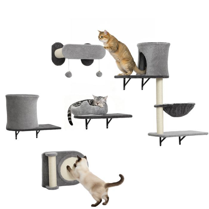 Étagères murales pour chat arbre à chat mural 5 pièces 2 niches hamac plateformes griffoirs en sisal gris