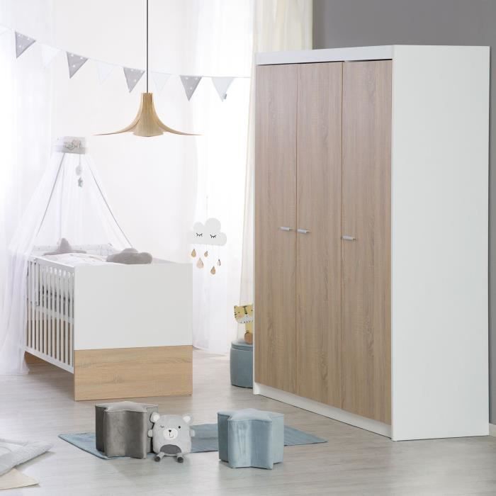 Conjunto completo de dormitorio infantil: cuna convertible de 70 x 140 cm + cambiador + armario de 3 puertas - ROBA - Acabado bicolor blanco/roble claro