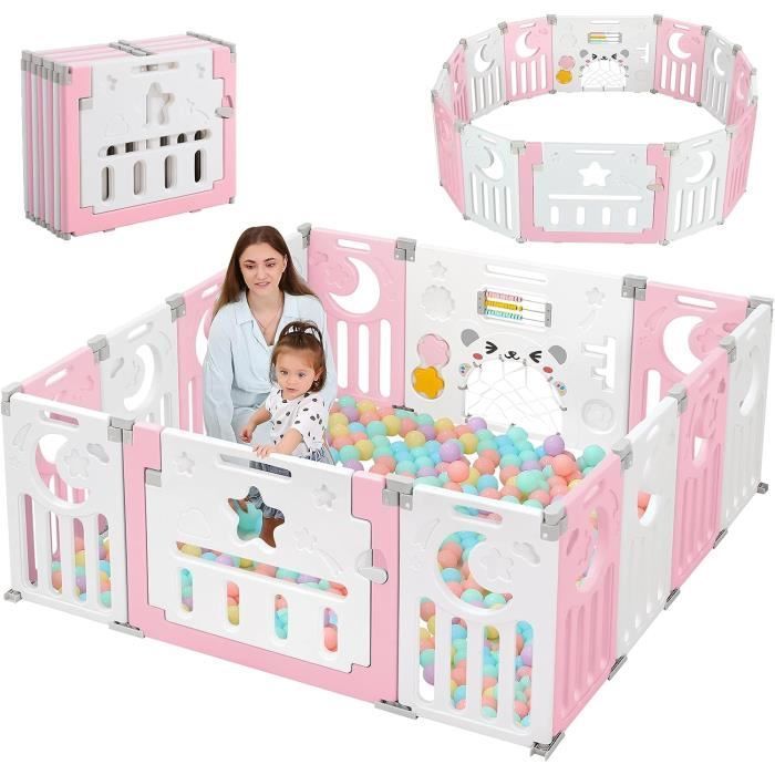 Foldable Baby Playpen, Modular Plastic Baby Playpen 150×150cm, Baby Playpen with Door, XL Children's Playpen with Activity Panel, Pink