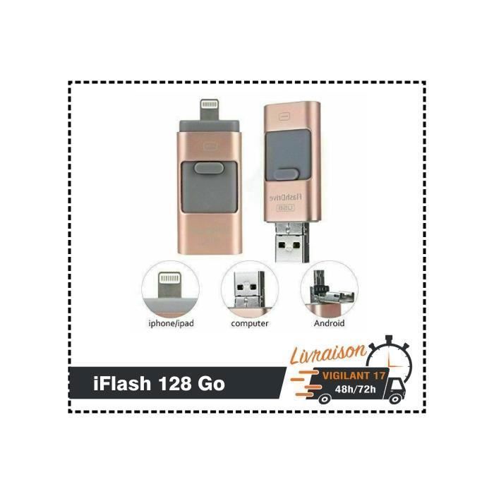 Clé USB 128 Go - I-flash - 3 en 1 - Compatible iPhone/iPad/Android - USB 3.0 - Mémoire Flash ZISONIX
