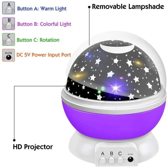 Lámpara de noche infantil con proyección de estrellas y rotación de 360°