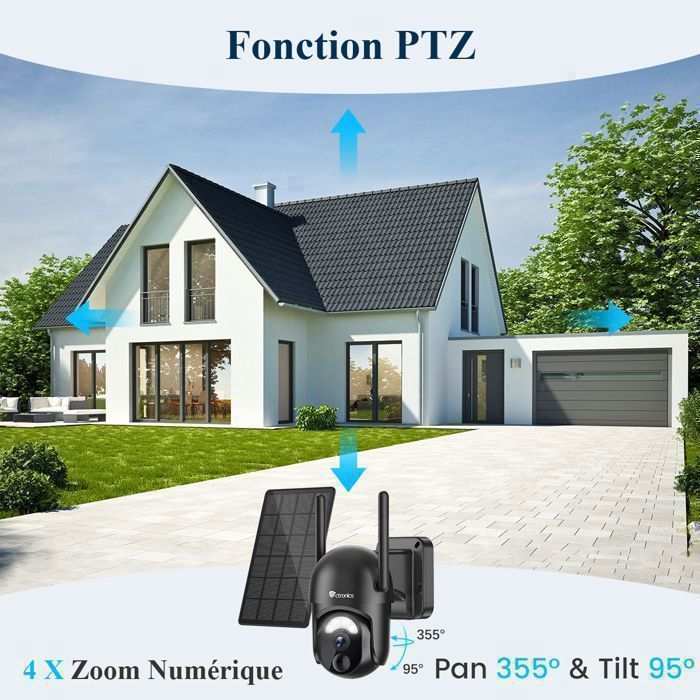 Ctronics 2K Solar-Powered PTZ WiFi Surveillance Camera, Color Night Vision, PIR Human Detection, Cloud/TF Card
