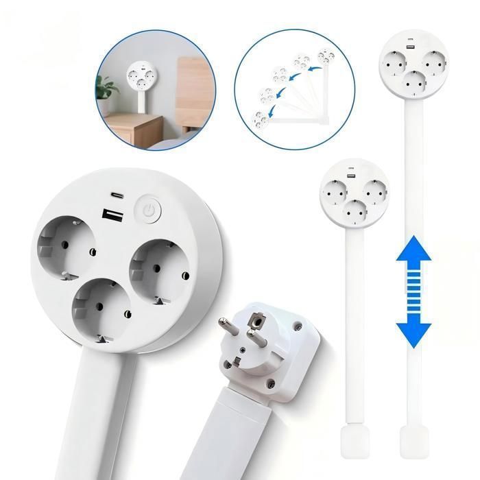 1500W Power Strip, 47-67cm Extendable, with 3 Outlets, 1 USB-C, 1 USB-A, Switch, 360° Rotation