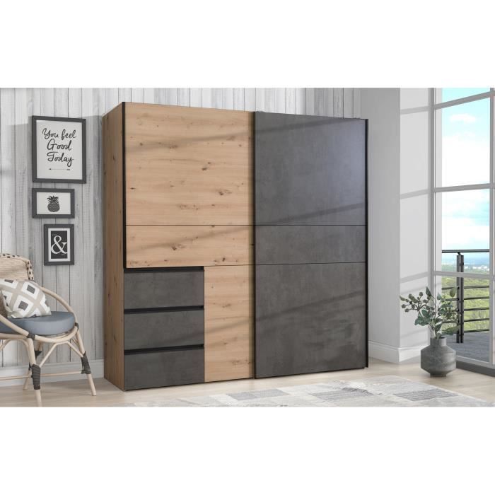 Armario con 2 puertas correderas y 3 cajones - Acabado en roble artesanal y hormigón gris - Ancho 200,1 x Profundidad 61,2 x Alto 200,5 cm - WINN2