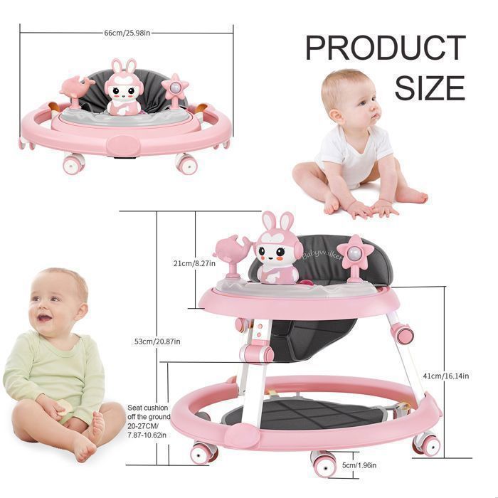 Multifunctionele loopstoel voor baby's - Met muziekdisc - 6-18 maanden - 7 verstelbare hoogtes - Roze - Totale hoogte 52 cm