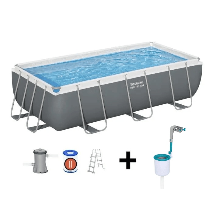 Piscina rectangular elevada Steel Pro MAX™, 404 x 201 x 100 cm, filtración por cartucho, escalera y skimmer.