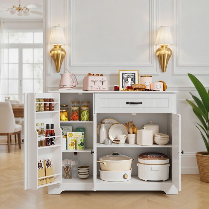 Buffet de Cuisine - Bealife - Meuble Rangement - 1 Tiroir - 3 Portes - 5 Niveaux - Meuble Bas - Salon - Blanc - 105x40x84,5cm