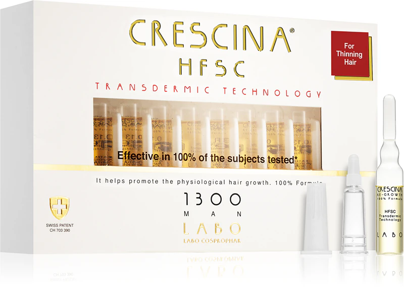 Crescina Transdermic 1300 Re-Growth, tratamento para estimular o crescimento capilar em homens.
