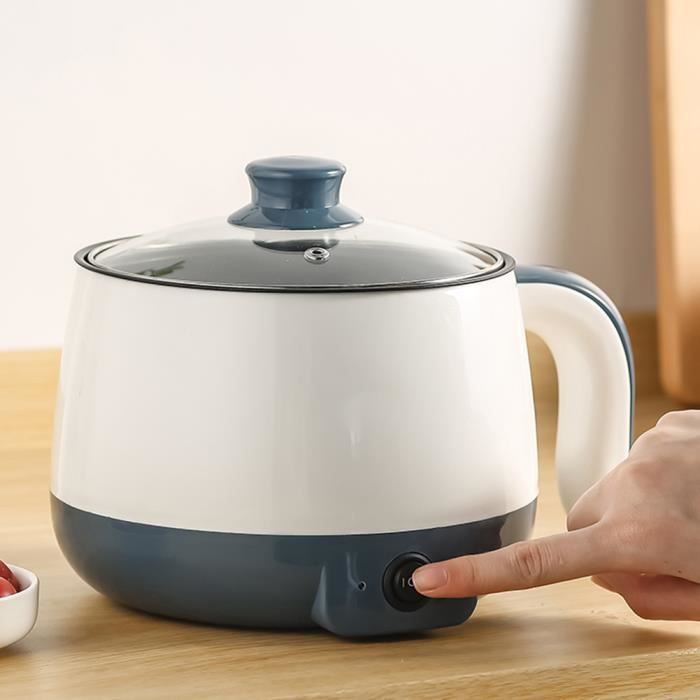 Mini olla eléctrica multifunción manual de 600 W con cesta vaporera para freír, cocinar al vapor, saltear y asar a la parrilla (azul-blanco)