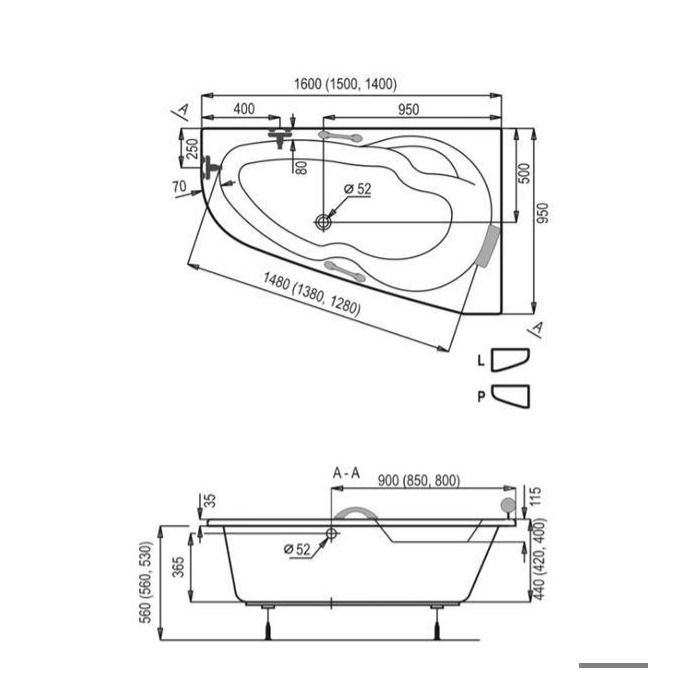 Siko - 140 x 95 cm Luiza space-saving corner bathtub, right-hand orientation, acrylic, without feet, white (LU1400P)