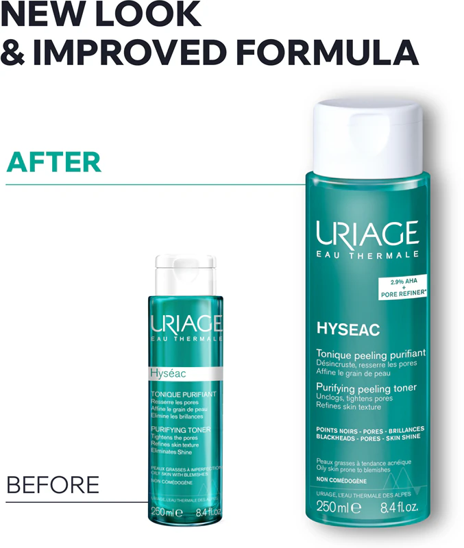 tônico esfoliante purificante Uriage Hyseac regula a oleosidade e minimiza os poros com AHA.