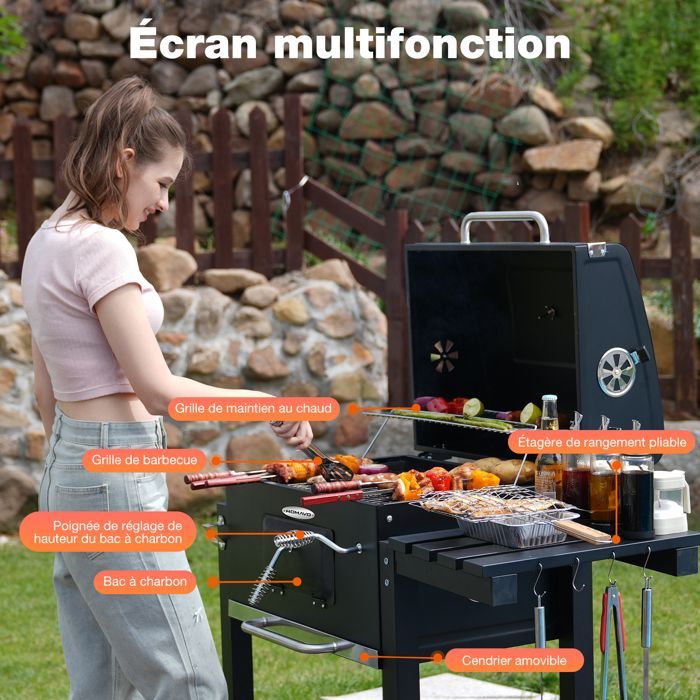 HOMAVO Barbecue Charbon de Bois,  Bac à Charbon Réglable en Hauteur, Table Latérale Pliante, Thermomètre, Housse Barbecue Incluses