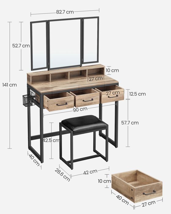 Dressing Table with Stool, Triple Mirror, 3 Drawers, Hair Dryer Holder, Pot - VASAGLE - Wood Brown, Black