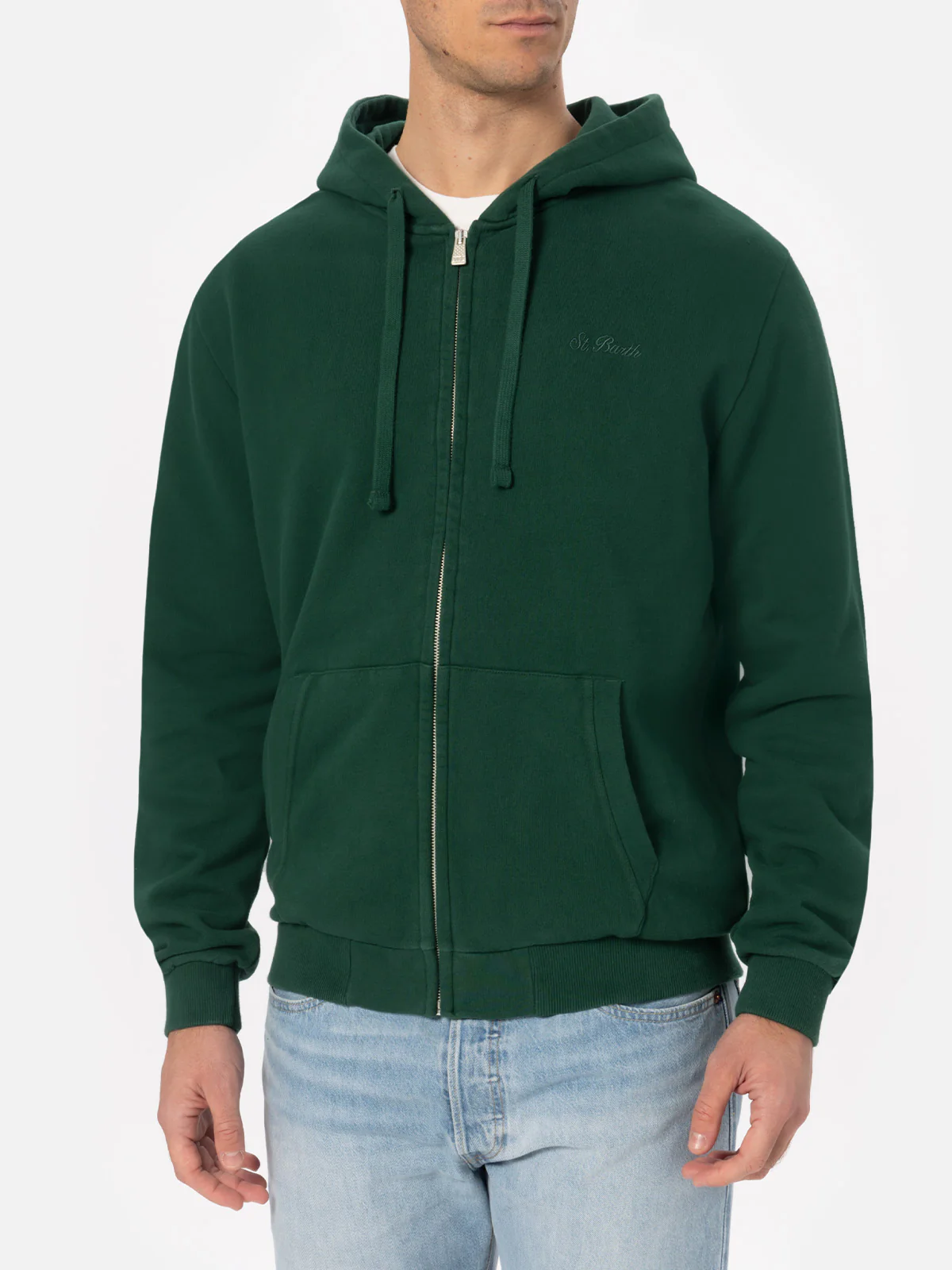 Engelse groene herenhoodie met rits en St. Barth-borduurwerk.