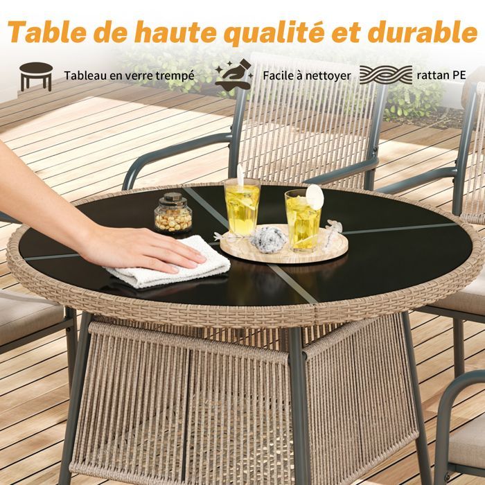 Conjunto de jardín moderno de ratán – Mesa redonda de cristal + 4 sillones, estructura de hierro, para patio o balcón – GRIS