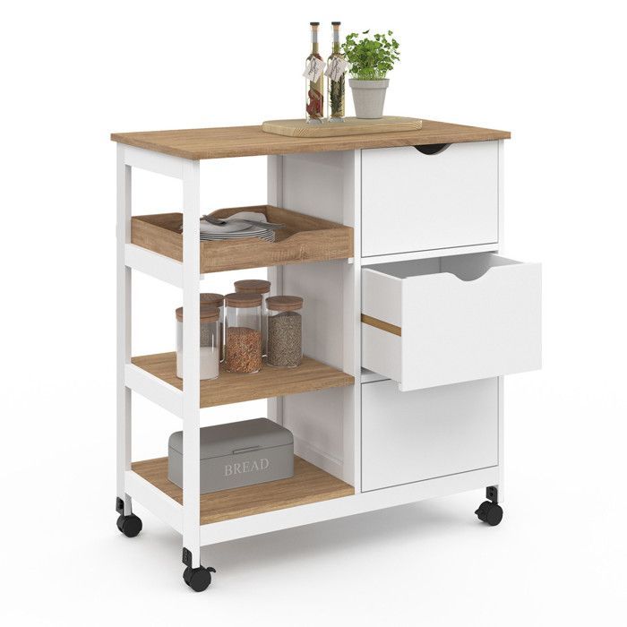 Carrinho de cozinha IDMARKET MUNA com 3 cestos + 1 bandeja removível, branco com efeito faia, C.76 cm