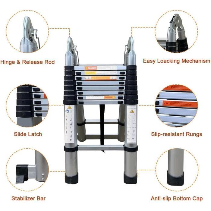5m telescopic ladder, 2.5m + 2.5m portable extension folding ladder in stainless steel, 150kg load capacity