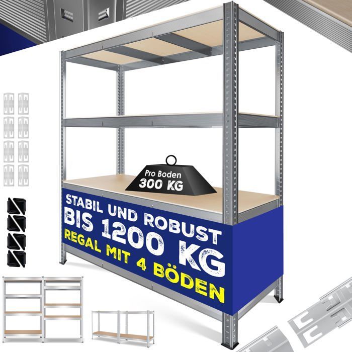 MASKO® Étagère charges lourde en métal max. 1200kg | Étagère de Stockage & Rangement à 4 niveaux pour garage & Atelier Argent