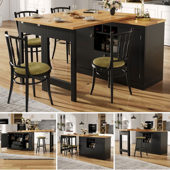 Extendable Black Kitchen Island 120-180 cm with Storage and Bottle Rack, 360° Swivel Dining Table, High Table