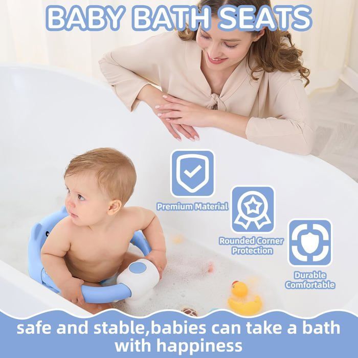 Asiento de baño para bebés de 6 meses en adelante, asiento de baño antideslizante con 4 ventosas y cojín, silla de baño, azul