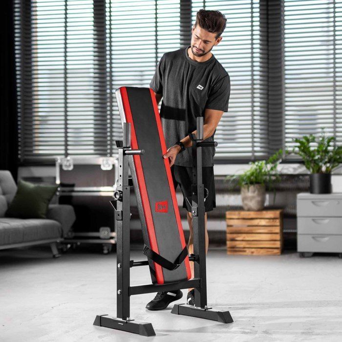 Hop-Sport HS-1080 Platte opklapbare halterbank met halterrek, multifunctionele trainingsbank, verstelbare beensteunen