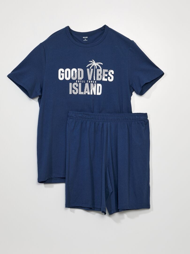 Pijama curto - Estampa 'Good Vibes' - Conjunto de 2 peças - AZUL