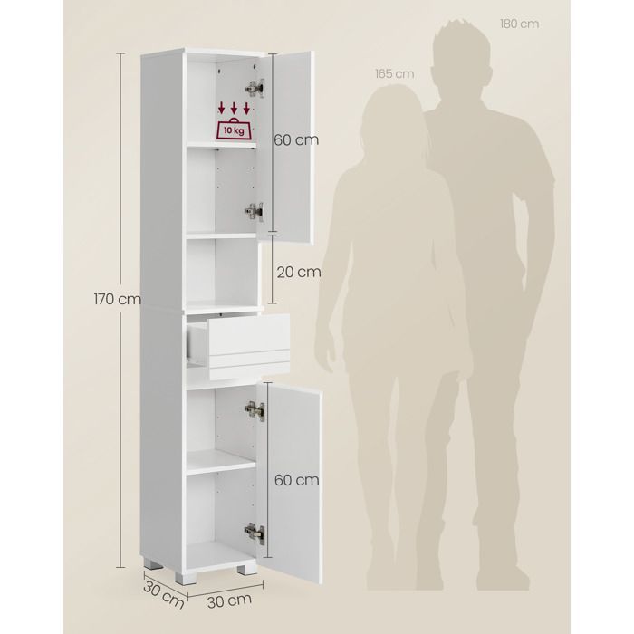VASAGLE Badkamerkast, kolommodel, met lade, verstelbare planken, vakken, 30 x 30 x 170 cm, wit