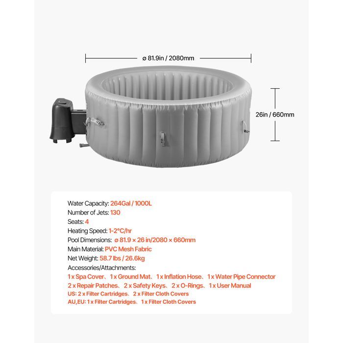 Spa Gonflable Rond-VEVOR-Capacité 4-6 Personnes-Bains à Remous d’Extérieur Portable 208x66 cm-PVC-Gris