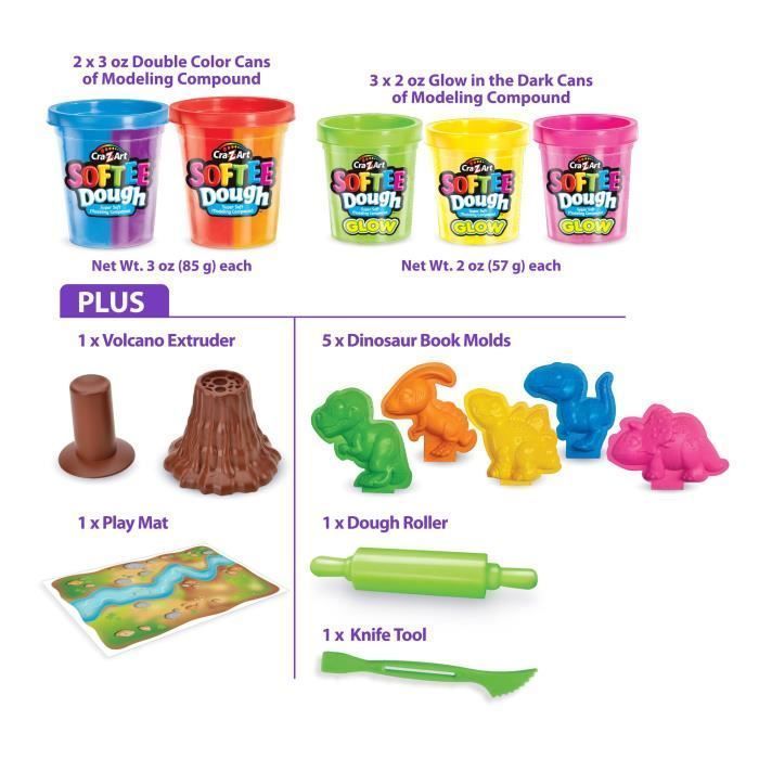 LEXIBOOK CRAZART - Kit de dinosaurios de arcilla para modelar fluorescente y maleable - Azul, violeta, rojo, naranja, verde, amarillo, rosa
