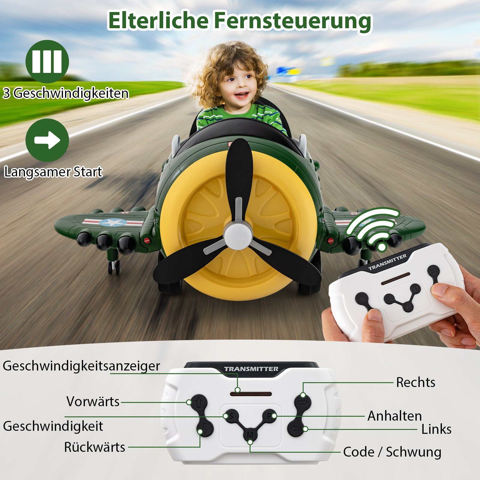 COSTWAY Elektrische Kinderauto Elektrisch Vliegtuig met Propeller Speelgoedvliegtuig