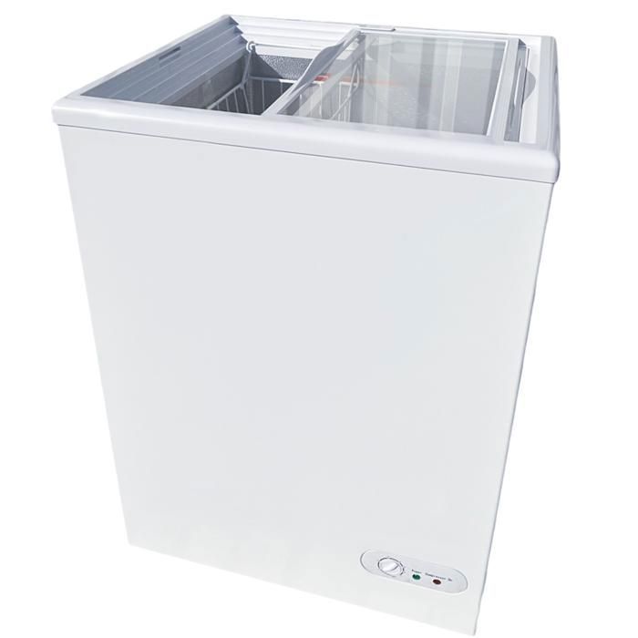 Congélateur coffre vitré 97L - vitre plate coulissante - -18°C - panier inclus - roulettes - blanc