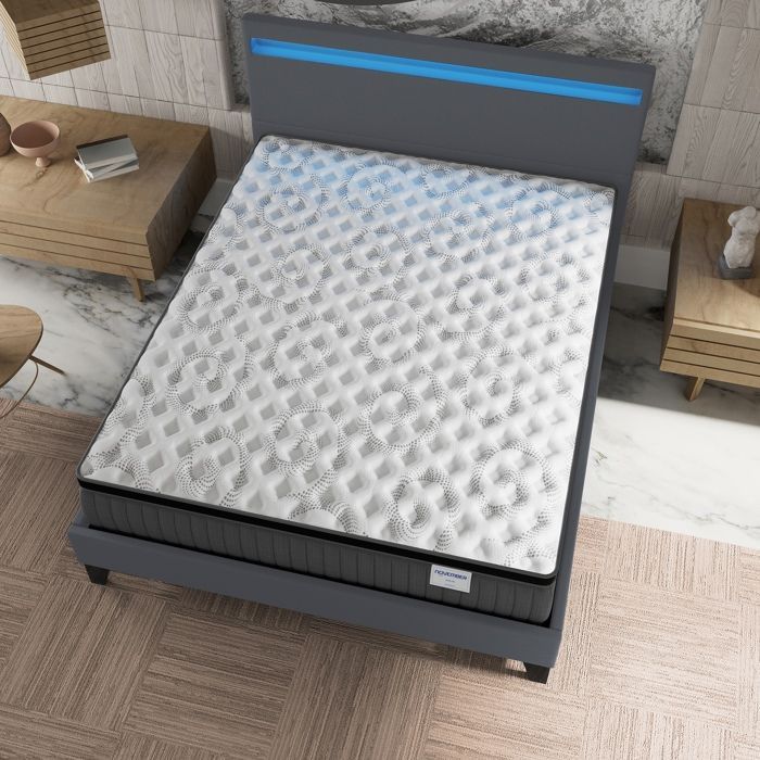 Colchón y cama (140x200cm) - Elekctra 30cm Muelles ensacados y espuma viscoelástica + Base de láminas estable y cabecero con iluminación LED Gris