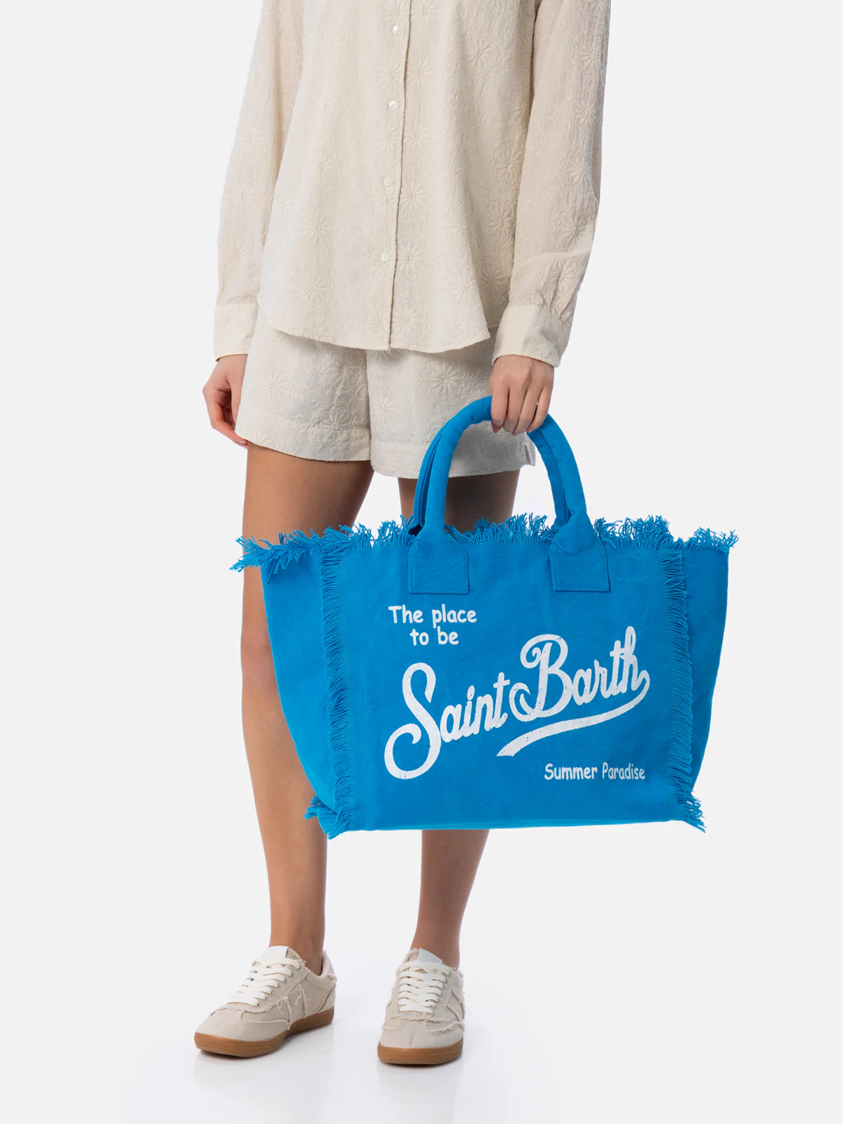 Vanity bomuldslærred mulepose med frynser - lyseblå med Saint Barth trykt logo og lynlåslomme | MC2 Saint Barth