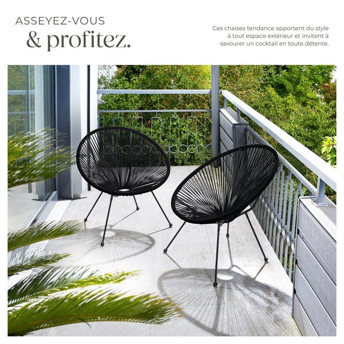 Garden chairs - TECTAKE - Set of 2 SANTANA garden chairs with elastic polyethylene rope, 70.5 x 69 x 78 cm - Black