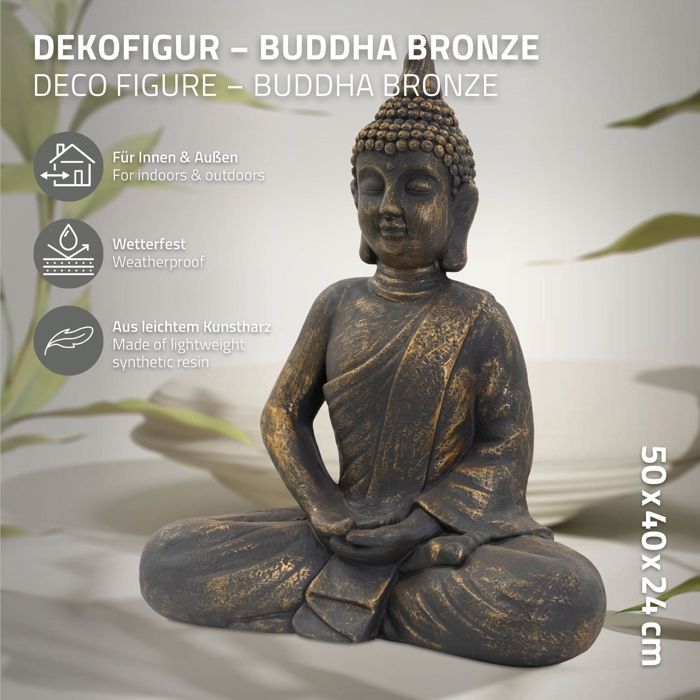 Statua di Buddha seduto di ECD Germany, 48 cm, in pietra artificiale, poliresina effetto bronzo, scultura per decorazione da giardino.